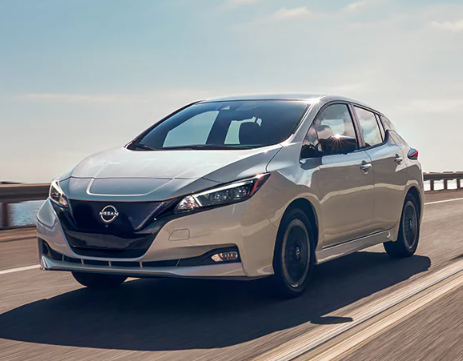 Nissan LEAF Range & Charging Speed 2023 Nissan LEAF driving on bridge